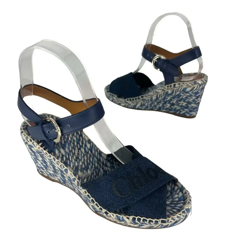 Chloe Piia Denim Logo‎ Espadrille Wedge Sandals with Leather Straps Size 36